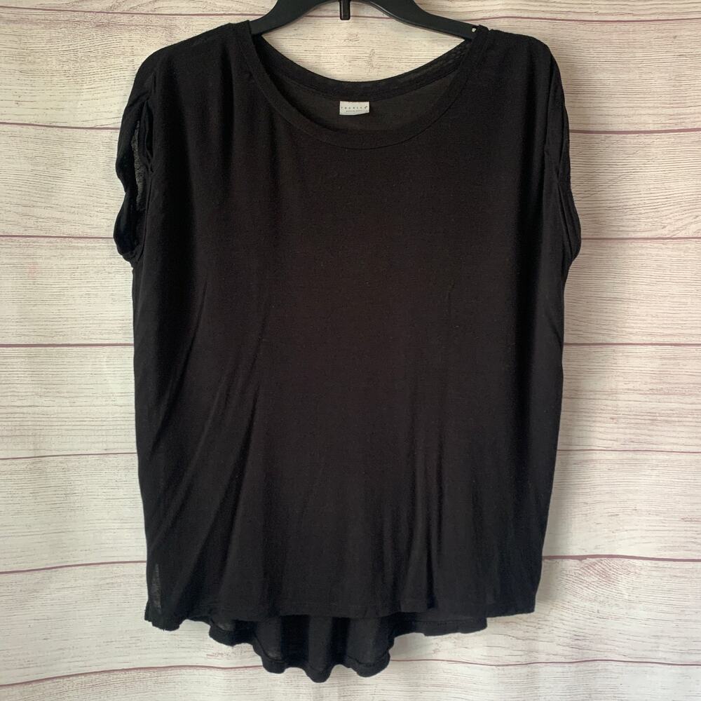 Tresics Black Blouse Boho Tunic Short Cap Sleeves Lightweight Flowy Size Small